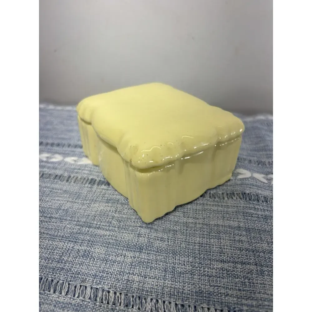 Vintage Yellow Ceramic Pillow Trinket Box Lidded Jewelry Box Retro Decor